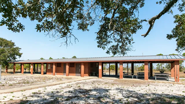 Brick pavilions stand in the sun with a tree in the foreground. — Gulf Islands National Seashore, NPS