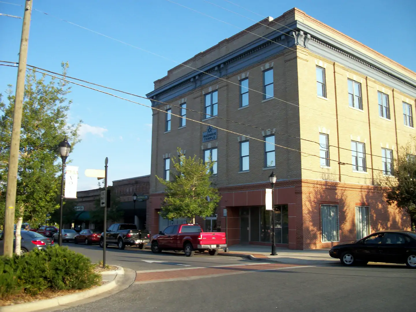 The former Masonic Temple of Citrus Lodge No. 118, F. and A.M. as seen from the northwest corner of South Pine Avenue and Old Main Street in Inverness, Florida. The building is listed on the National Register of Historic Places as being on
