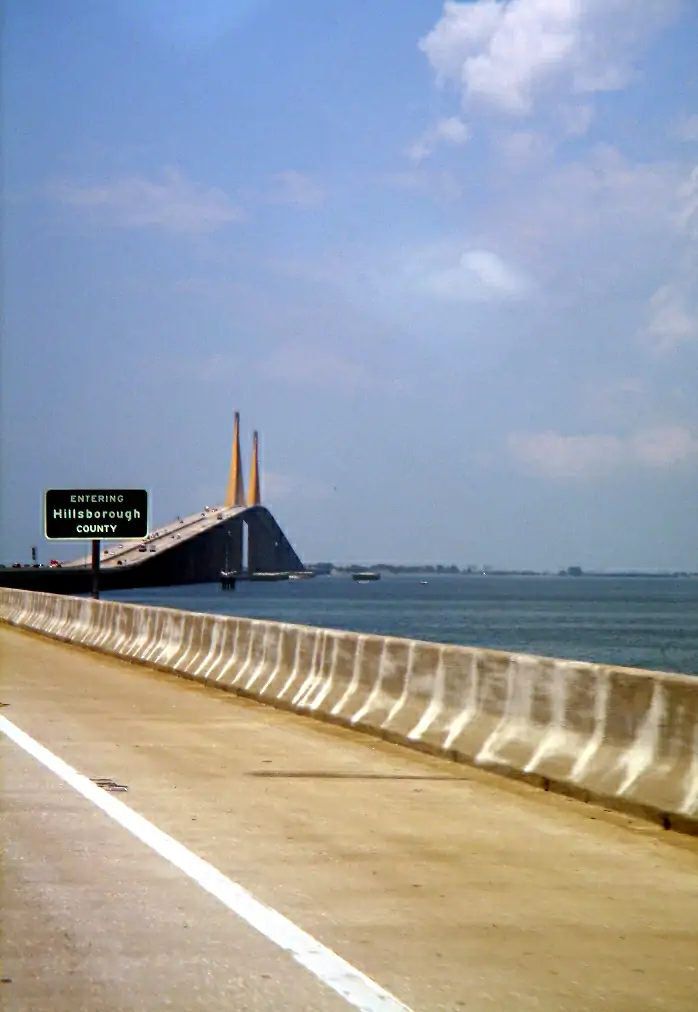 Entering Hillsborough County, Florida through the Sunshine Skyway Bridge. Picture taken by myself (Valentino), and I hereby release it into the public domain.