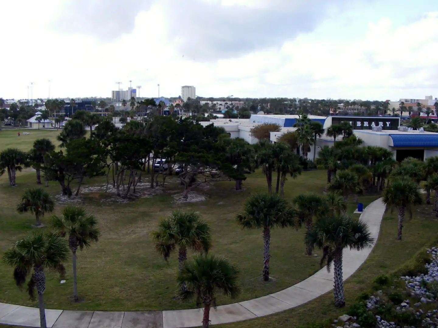 City Island, Daytona Beach, Volusia County, Florida, as viewed from the Broadway Bridge. The City Library is prominent in this photo.