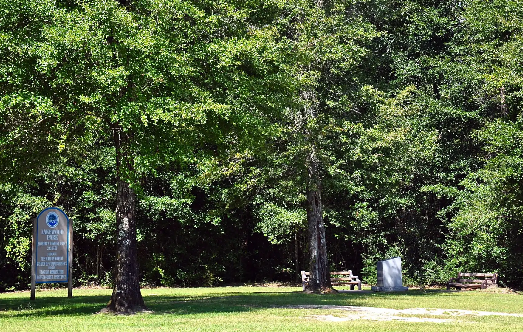 The summit of Britton Hill, the state of Florida's highest point at 345 feet. It is located at Lakewood Park, in the northern section of Walton County.